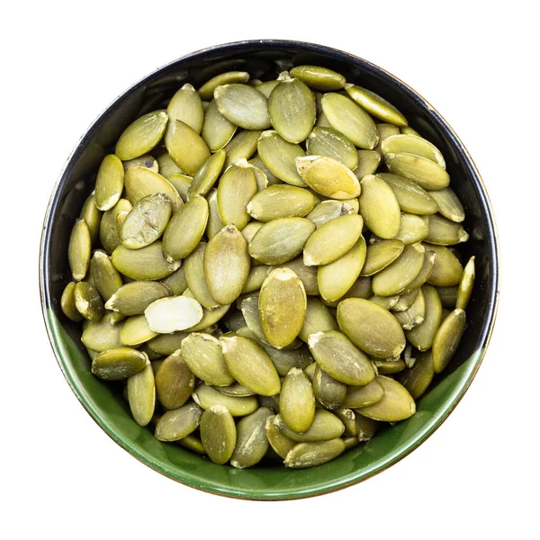 Top View Hulled Pumpkin Seeds Bowl Isolated White Background — Stock Photo, Image