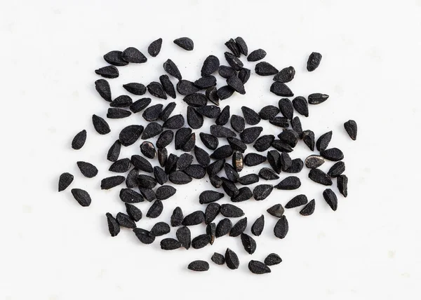 Several Nigella Sativa Seeds Black Caraway Close Gray Ceramic Plate — Stock Photo, Image