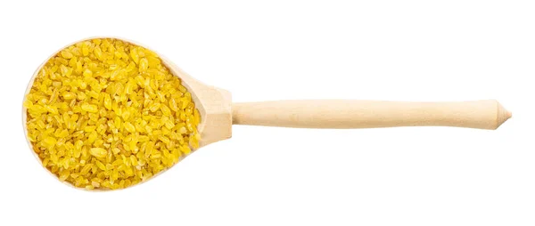 Top View Wood Spoon Uncooked Bulgur Wheat Groats Isolated White — Stock Photo, Image