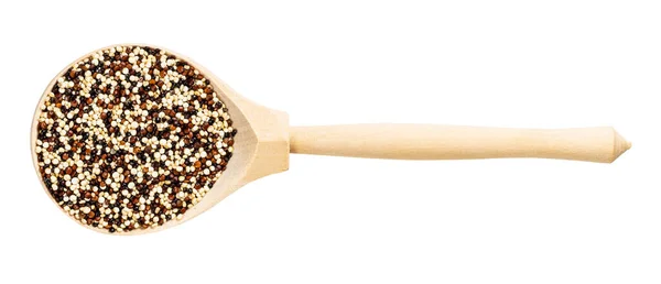 Top View Wood Spoon Blend Quinoa Grains Isolated White Background — Stock Photo, Image