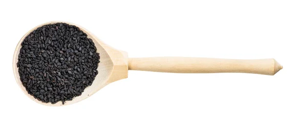 Top View Wood Spoon Black Sesame Seeds Isolated White Background — Stock Photo, Image