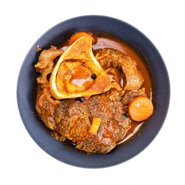 Vue Dessus Portion Ossobuco Tibia Bœuf Braisé Avec Des Légumes — Photo