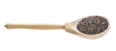 Beyaz arka planda çiğ chia tohumlu ahşap kaşık