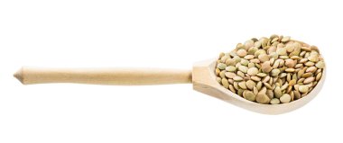 Büyük yeşil mercimeği olan ahşap kaşık beyaz arka planda izole edilmiş.