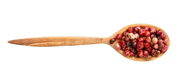 Top View Wood Spoon Pink Peppercorns Baie Rose Isolated White — Stock Photo, Image