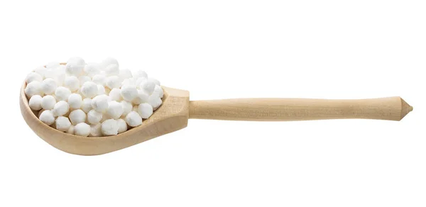 Ruwe Tapioca Parels Houten Lepel Geïsoleerd Witte Achtergrond — Stockfoto