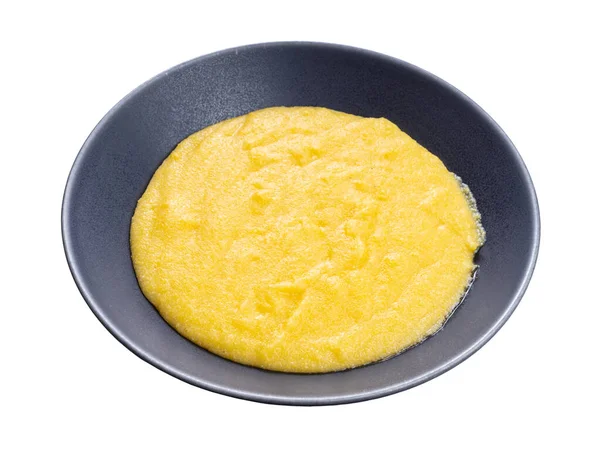 Polenta Cozido Tigela Cinza Isolado Fundo Branco — Fotografia de Stock