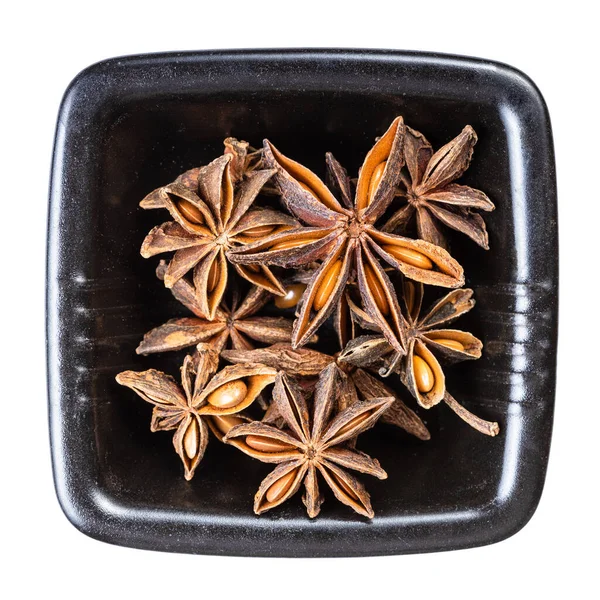 Top View Dried Star Anise Badian Fruits Black Bowl Isolated — Stock Photo, Image