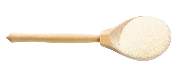木制勺子 未煮熟的软质麦角 在白色背景上隔离 — 图库照片