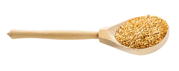 Деревянная Ложка Золотыми Семенами Льна Белом Фоне — стоковое фото