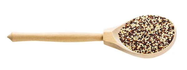 Trä Sked Med Blandning Quinoa Korn Isolerad Vit Bakgrund — Stockfoto