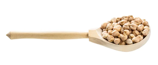 木制勺子 带有从白色背景分离出来的鹰嘴豆种子 — 图库照片