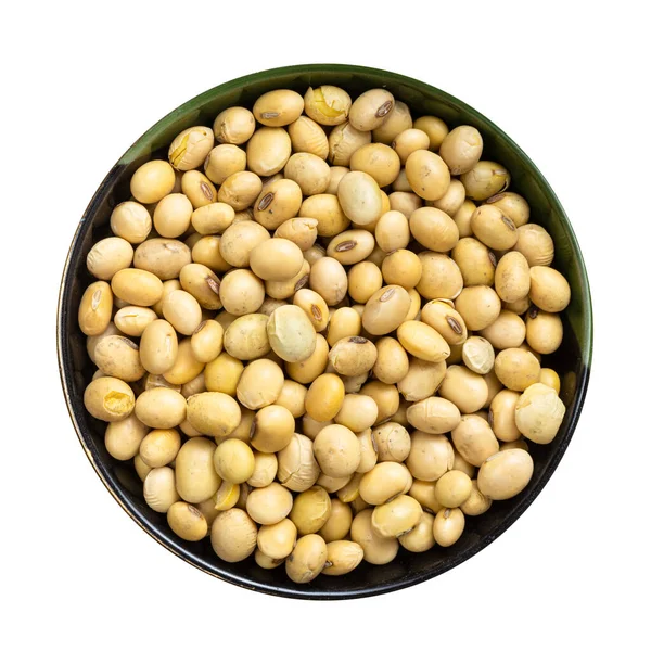 白地に隔離された丸鉢の生乾燥大豆の上面図 — ストック写真