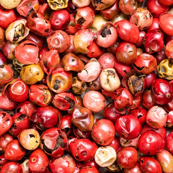 Fondo Cuadrado Comida Granos Pimienta Rosa Rosa Baie Cerca —  Fotos de Stock