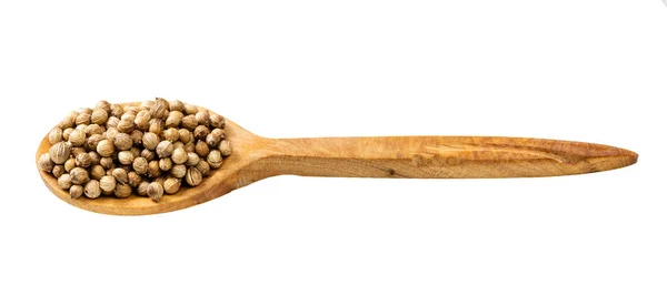 木制勺子 带有香菜籽 白色背景隔离 — 图库照片