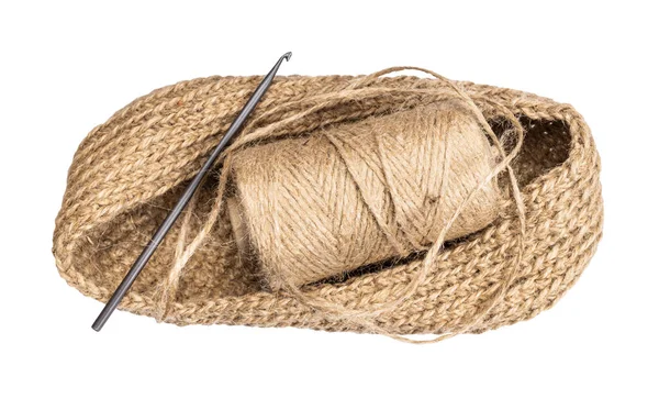 Top View Hand Knitted Bottom Bag Spool Hemp Twine Crochet — Stock Photo, Image