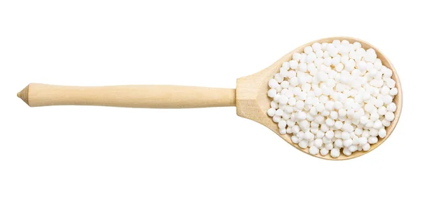 Ovanifrån Torr Sabudana Tapioca Sago Trä Sked Isolerad Vit Bakgrund — Stockfoto