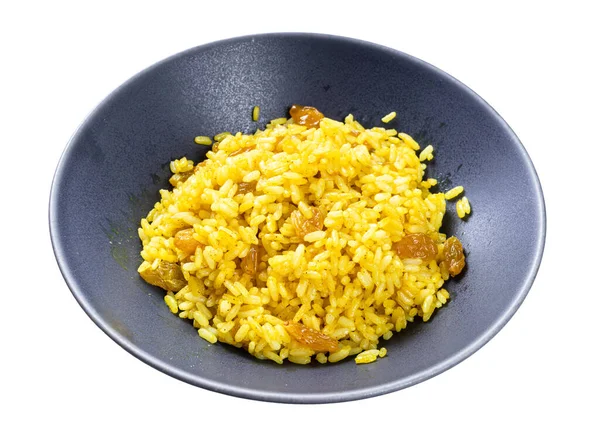 Gotowany Słodki Żółty Ryż Owsianka Kurkuma Rodzynki Ryżu Parzonego Izolowane — Zdjęcie stockowe