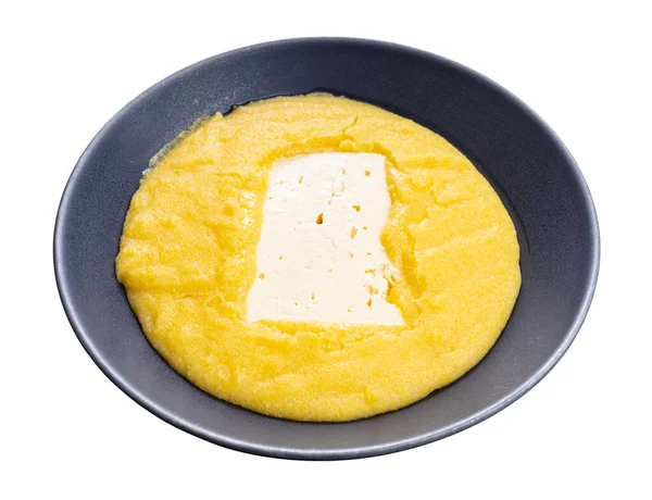 Polenta Cozida Com Pedaço Queijo Brined Tigela Cinza Isolado Fundo — Fotografia de Stock