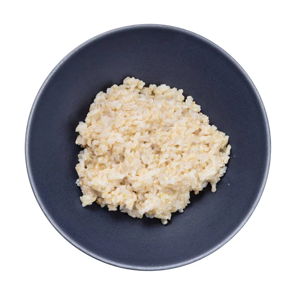 Vrchní Pohled Kaši Hnědé Rýže Šedé Míse Izolované Bílém Pozadí — Stock fotografie