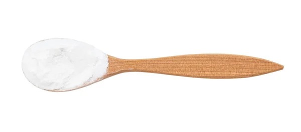 白色背景下分离的木制勺子中马铃薯淀粉的顶视图 — 图库照片
