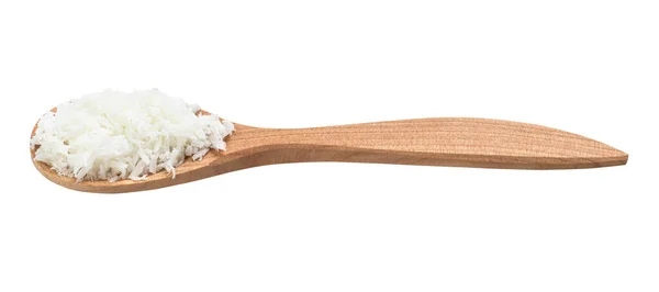 Kokosflocken Holzlöffel Isoliert Auf Weißem Hintergrund — Stockfoto