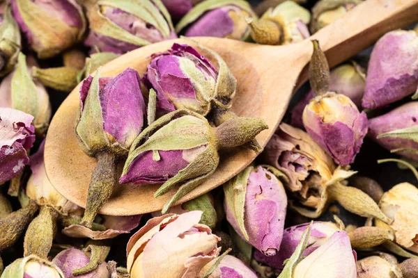 Wooden Spoon Old Dried Rosebuds Close Pile Dried Flowers — Stock Photo, Image