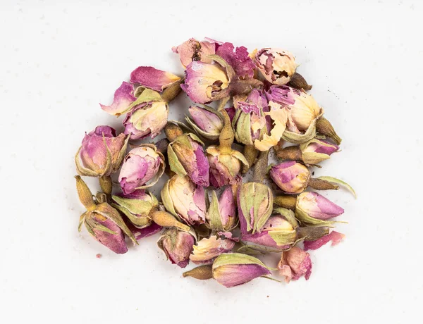 Top View Pile Old Dried Rosebuds Close Gray Ceramic Plate — Stock Photo, Image