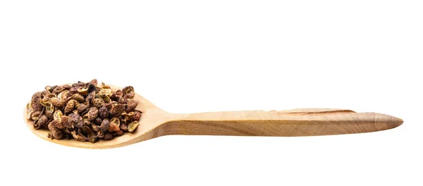 Dried Pink Sichuan Pepper Wooden Spoon Isolated White Backgrouns — Stock Photo, Image