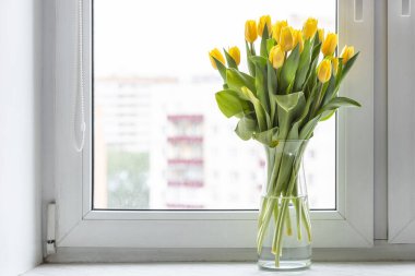 bouquet of fresh yellow tulips in glass vase on window sill at home with cityscape on background