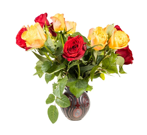 Φρέσκα Κόκκινα Και Κίτρινα Τριαντάφυλλα Κεραμικό Βάζο Που Απομονώνονται Λευκό — Φωτογραφία Αρχείου