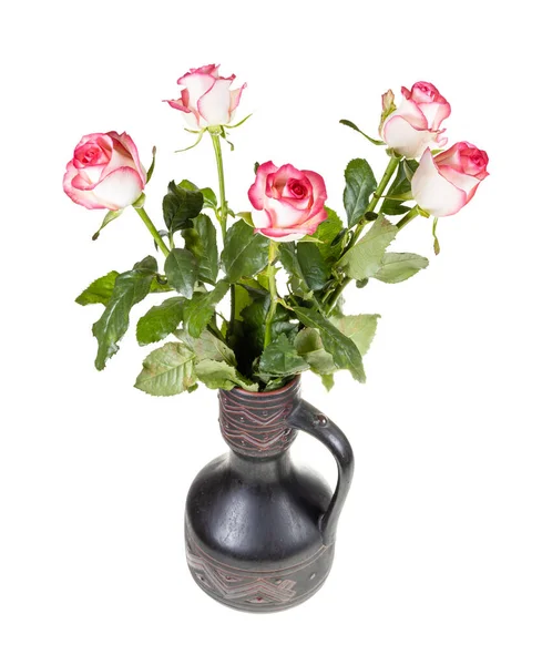 Φρέσκα Ροζ Λευκά Τριαντάφυλλα Κεραμική Κανάτα Που Απομονώνονται Λευκό Φόντο — Φωτογραφία Αρχείου