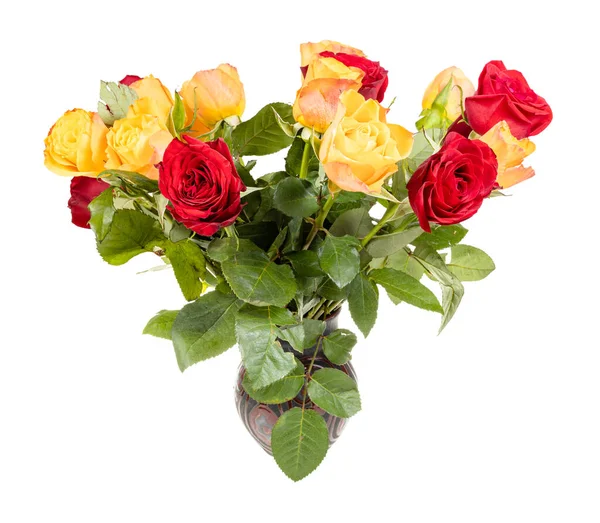 Bunch Fresh Red Yellow Rose Flowers Ceramic Vase Isolated White — 스톡 사진