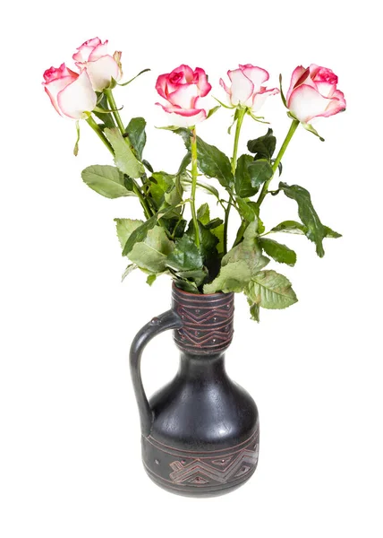 Oldalnézetben Csokor Rózsaszín Fehér Rózsa Virágok Kerámia Kancsó Elszigetelt Fehér — Stock Fotó