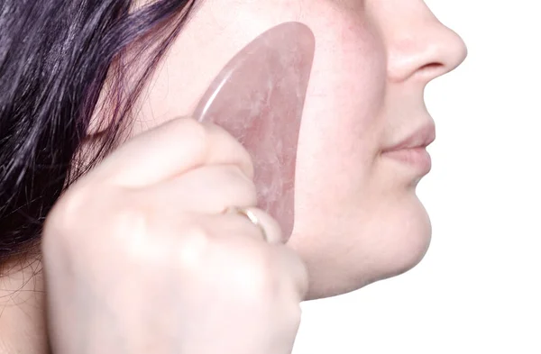 Massaging Female Face Quartz Scraper Close Technique Traditional Chinese Gua — Stock Photo, Image