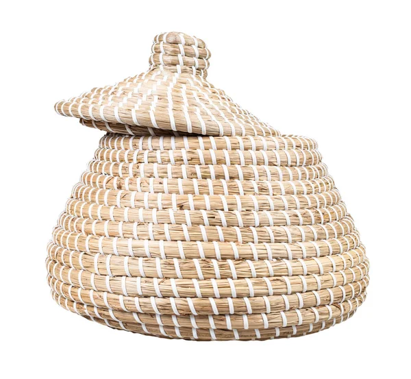 Side View Moroccan Wicker Basket Seagrass Ajar Lid Isolated White — Stock Photo, Image