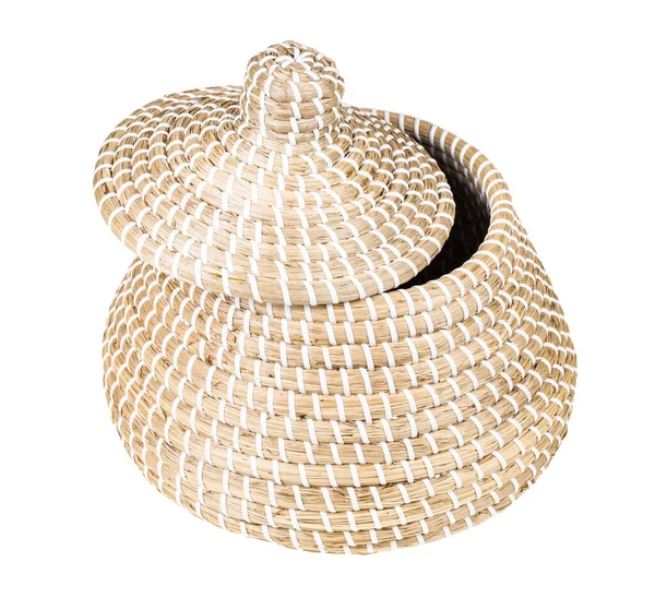 Moroccan Wicker Basket Seagrass Ajar Lid Isolated White Background — Stok fotoğraf