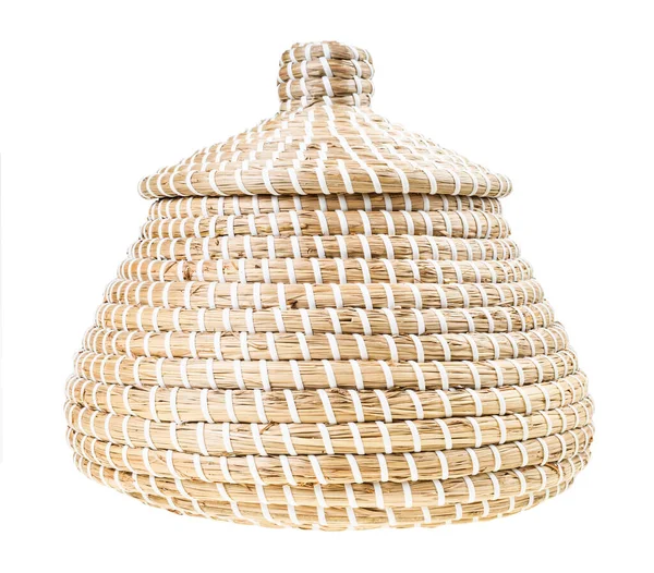 Side View Closed Moroccan Wicker Basket Seagrass Isolated White Background — 图库照片