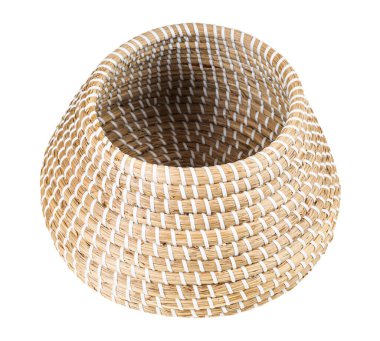 open empty moroccan wicker basket from seagrass isolated on white background
