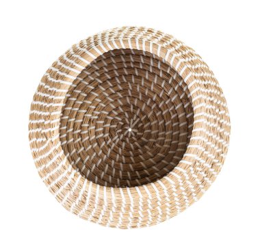 top view of open empty moroccan wicker basket from seagrass isolated on white background