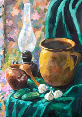 still life with ceramic pots and kerosene lamp hand-painted by tempera paints on white paper