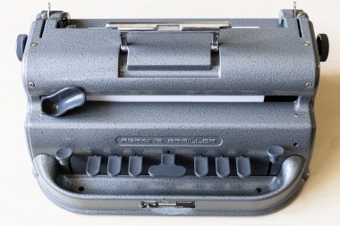 Moscow, Russia - June 5, 2021: Perkins Brailler, manual braille typewriter machine. The first Perkins Brailler was produced in 1951 by David Abraham, teacher at the Perkins School for the Blind