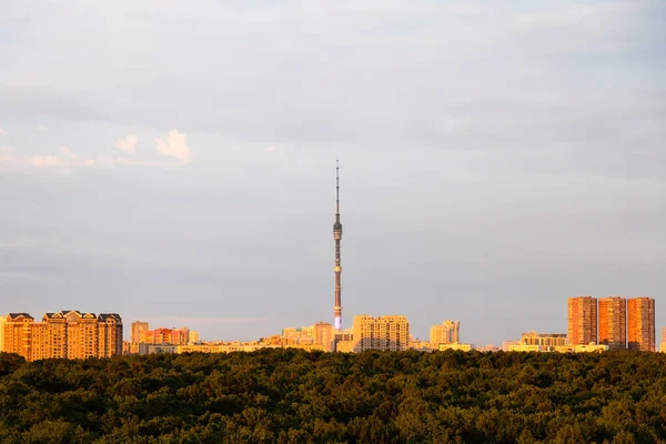 Stadspark Och Höghus Vid Horisonten Upplysta Solnedgång Sol — Stockfoto