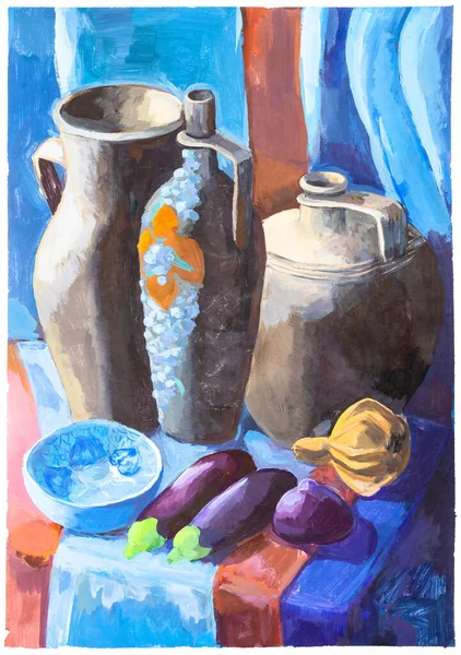Still Life Ceramic Jugs Eggplants Blue Red Fabric Hand Painted — Stock Photo, Image