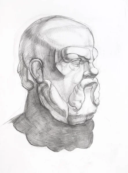 academic drawing - sketch of sculpture of Socrates head hand-drawn by graphite pencil on white paper