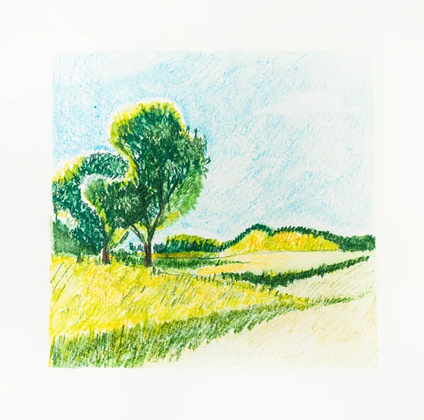 Sketch Summer Natural Landscape Sunny Day Hand Drawn Watercolor Pencils — Stock Photo, Image