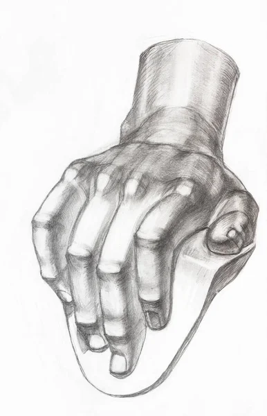 Akademisk Teckning Handritad Gips Gjuten Manlig Hand Med Grafitpenna Vitt — Stockfoto