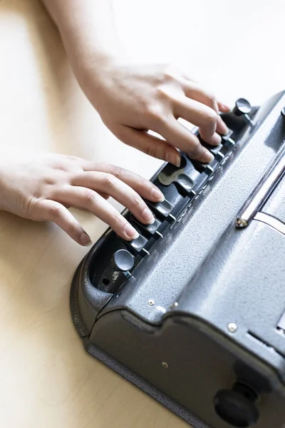 Moscow Russia June 2021 Fingers Press Perkins Brailler Braille Typewriter — Stok fotoğraf