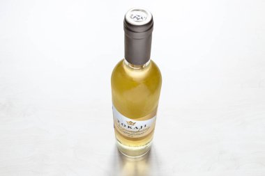 MOSCOW, RUSSIA - JUNE 10, 2021: closed bottle of hungarian sweet white wine Tokaji from Tokaji Kereskedohaz winery. Tokaj is considered as hungarikum, that is, a unique product of Hungary