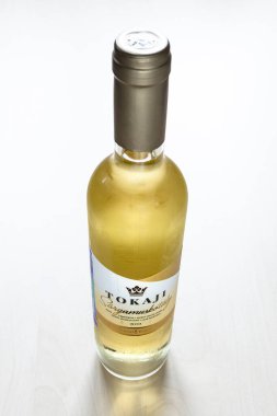 MOSCOW, RUSSIA - JUNE 10, 2021: closed bottle of hungarian sweet wine Tokaji from Tokaji Kereskedohaz winery. Tokaj is considered as hungarikum, that is, a unique product of Hungary
